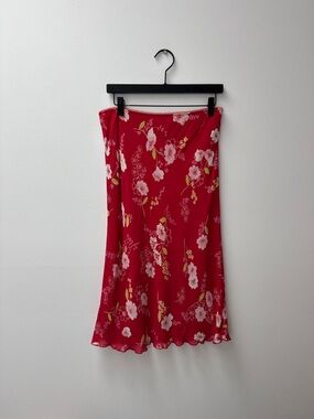 Bright Red Floral Midi Skirt with Pink & White Blooms